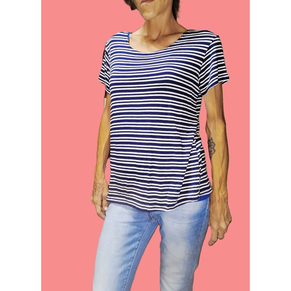 Wilde ~ Blue White Striped Open Back Short Sleeve Stretch Top ~ Medium